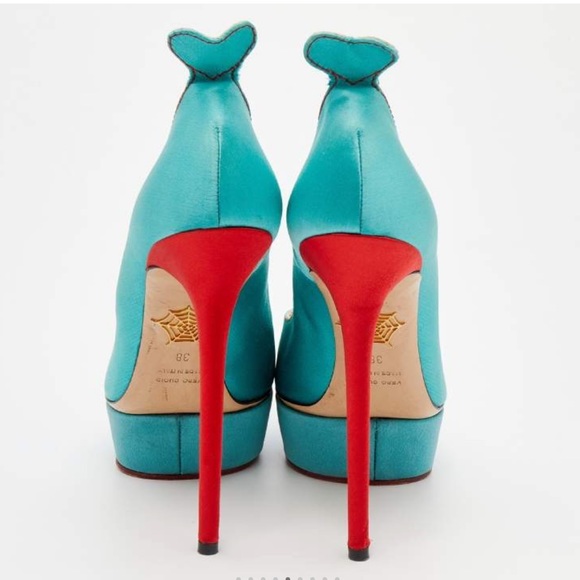 Charlotte Olympia Turquoise/Red Satin Josephine Platform Pumps Size 37.5 - Picture 3 of 12
